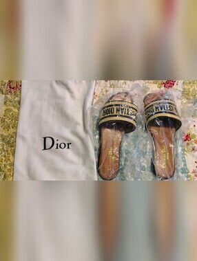Christian Dior Beige & Black Embroidered Slide Sandals